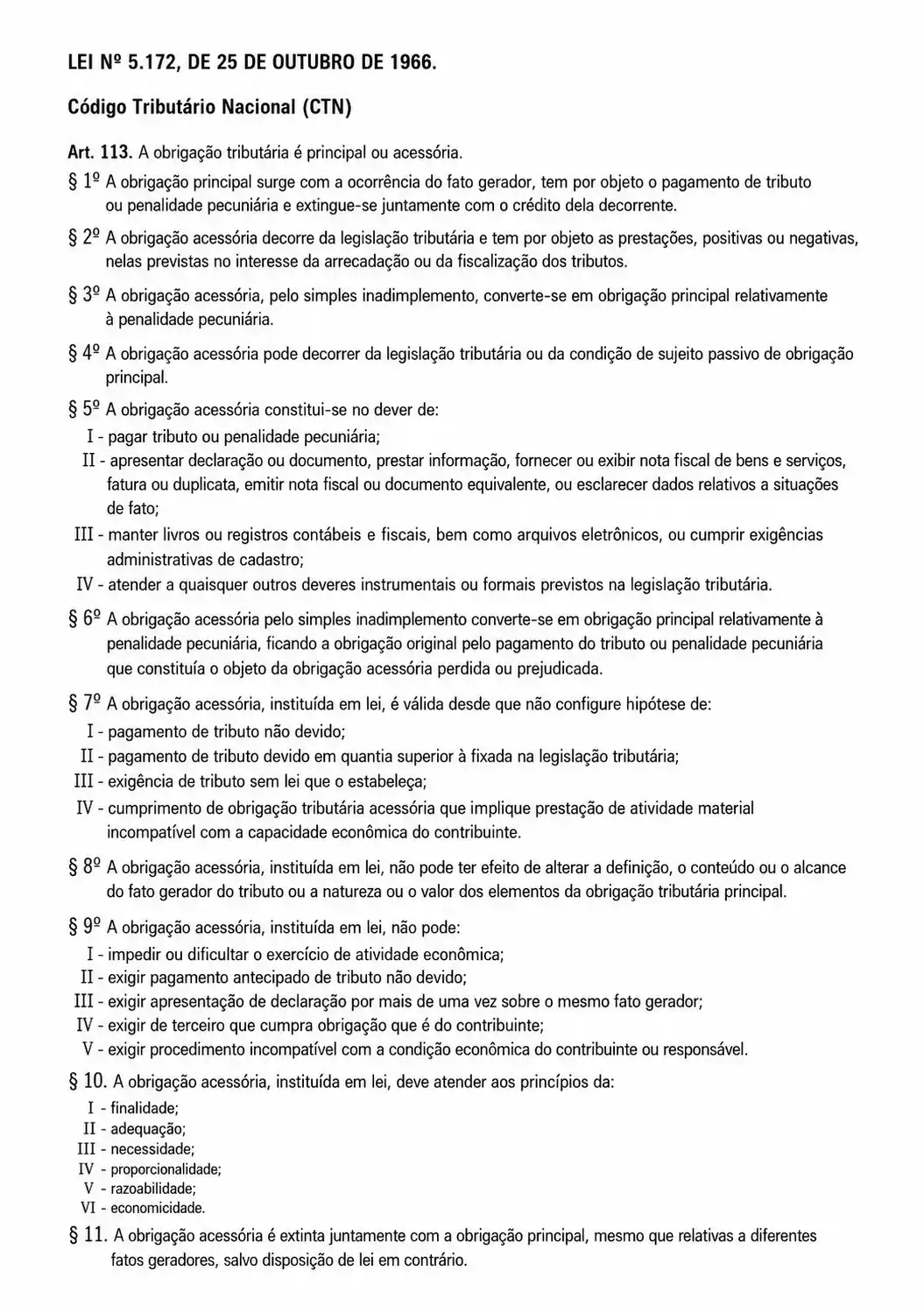 Página do Código Tributário Nacional com o texto corrido dos artigos 113 e seguintes