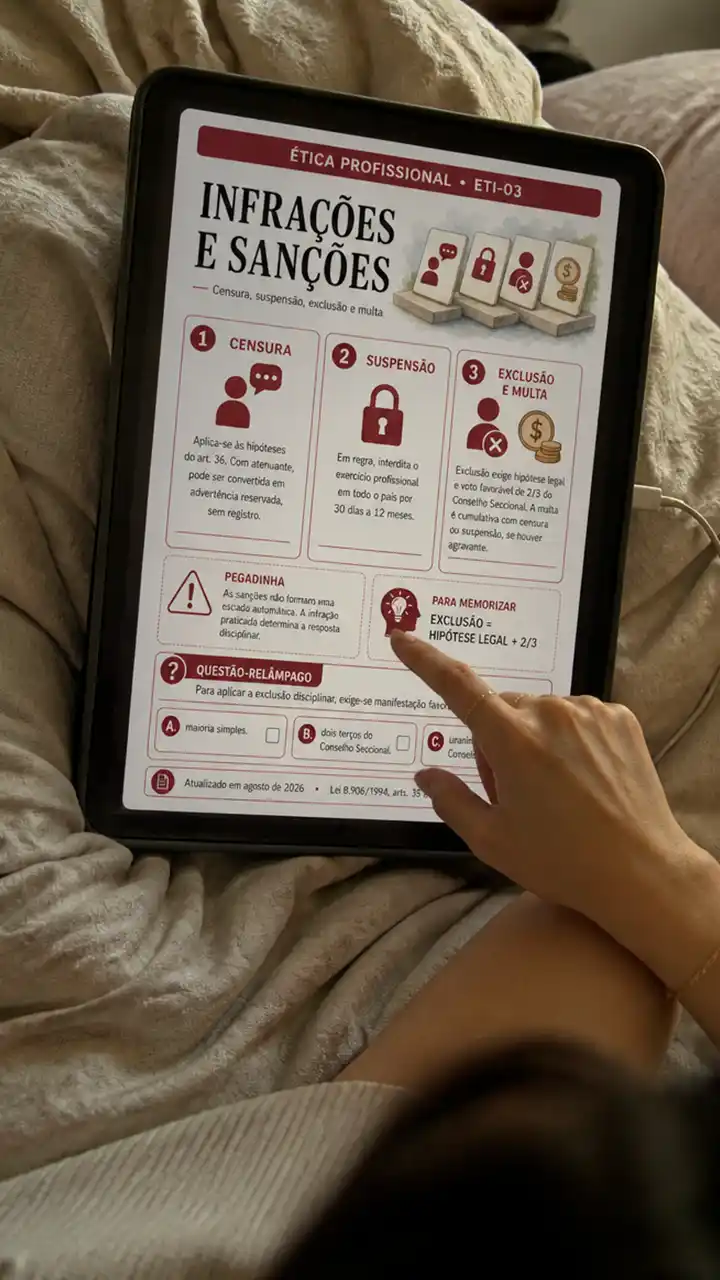 Aluna no sofá revisando a ficha de Infrações e sanções no tablet