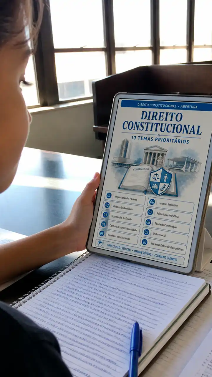Aluna estudando com a abertura de Direito Constitucional no tablet, com caderno de anotações
