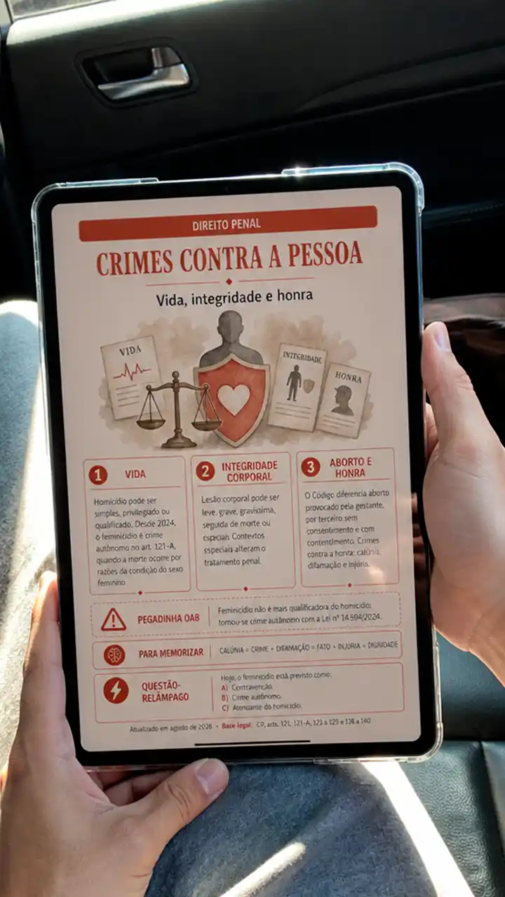Aluno no carro revisando a ficha de Crimes contra a pessoa no tablet