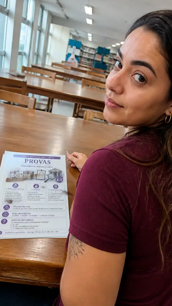 Aluna na biblioteca com a ficha impressa de Provas do Processo Penal